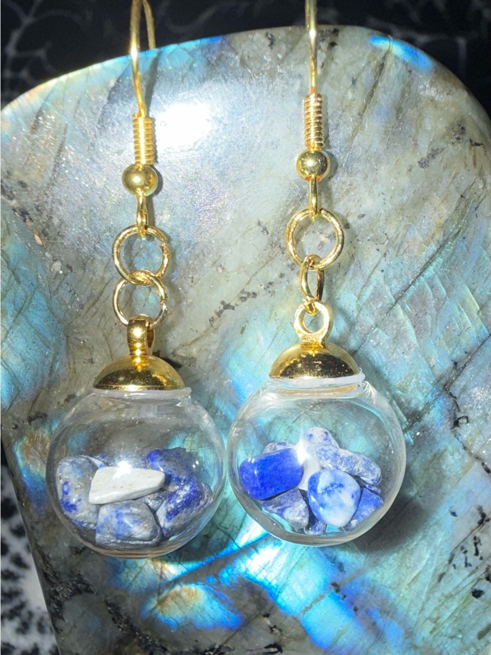Hand Crafted Gold Glass Orb Earrings with Blue Lapis Lazuli Chips